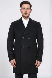 kruvaze sivri yaka yün ve kaşmir karışımlı siyah kaban